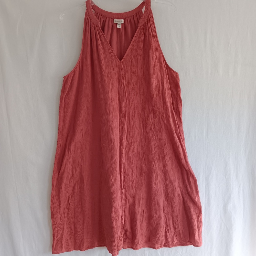 Garnet Hill Sleeveless Dress Womens M Pink Excellent Crinkle Cotton V-Neck 47880